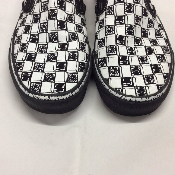 Vans Skate Shoes Men 7.5 Women 9 Black White Canvas Doodle Checkerboard Slip On - Picture 2 of 9